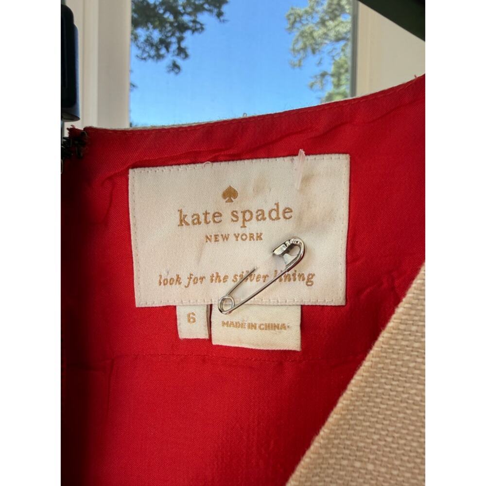 Kate Spade Red Linen Dress Size 6 Ivory V Neck Gold Zip Preppy Nautical - Picture 3 of 6